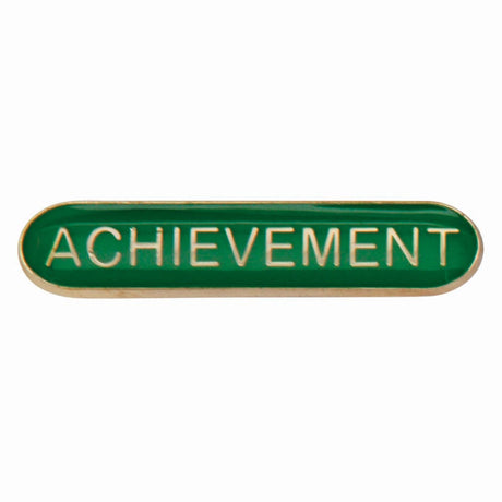 Achievement school bar badge in green with gold lettering and butterfly clutch fastening.
