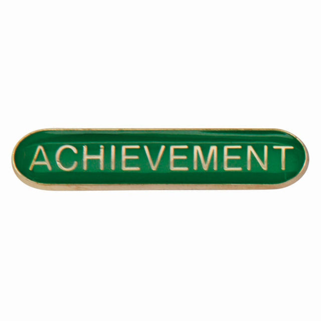 Achievement school bar badge in green with gold lettering and butterfly clutch fastening.