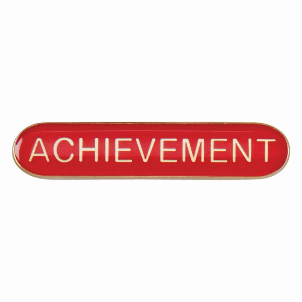 Achievement school bar badge in red enamel with gold lettering and butterfly clutch fastening.