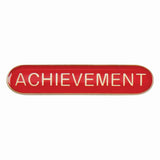 Achievement school bar badge in red enamel with gold lettering and butterfly clutch fastening.
