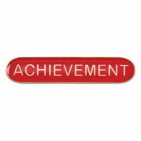 Achievement school bar badge in red enamel with gold lettering and butterfly clutch fastening.