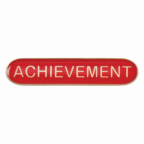 Achievement school bar badge in red enamel with gold lettering and butterfly clutch fastening.