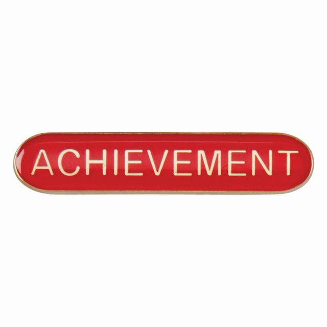 Achievement school bar badge in red enamel with gold lettering and butterfly clutch fastening.