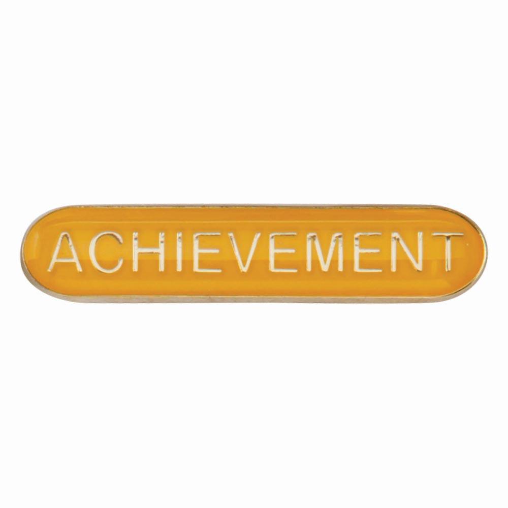 Achievement school bar badge in yellow enamel with gold lettering and butterfly clutch fastening.