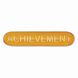 Achievement school bar badge in yellow enamel with gold lettering and butterfly clutch fastening.
