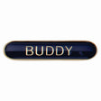 Buddy school bar badge in blue enamel with gold lettering and butterfly clutch fastening.