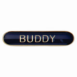 Buddy school bar badge in blue enamel with gold lettering and butterfly clutch fastening.