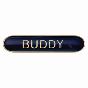 Buddy school bar badge in blue enamel with gold lettering and butterfly clutch fastening.