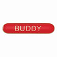 Buddy school bar badge in red enamel with gold lettering and butterfly clutch fastening.