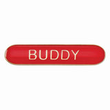Buddy school bar badge in red enamel with gold lettering and butterfly clutch fastening.