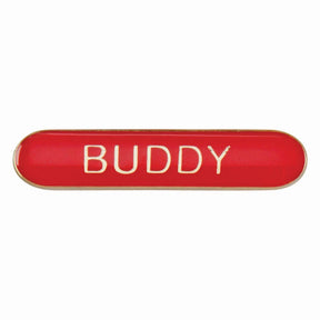 Buddy school bar badge in red enamel with gold lettering and butterfly clutch fastening.