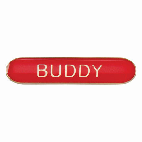 Buddy school bar badge in red enamel with gold lettering and butterfly clutch fastening.