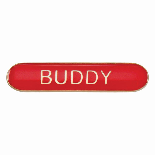 Buddy school bar badge in red enamel with gold lettering and butterfly clutch fastening.