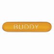Buddy school bar badge in yellow enamel with gold lettering and butterfly clutch fastening.
