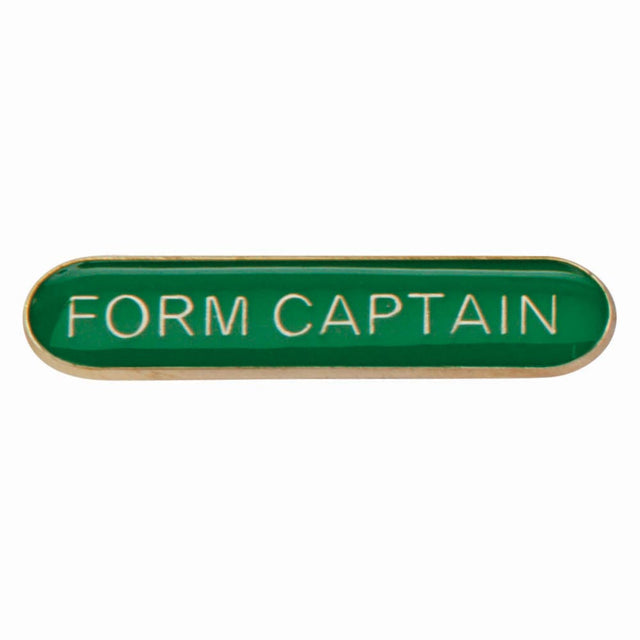Form Captain school bar badge in green enamel with gold lettering and butterfly clutch fastening.