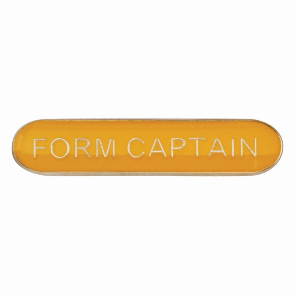 Form Captain school bar badge in yellow enamel with gold lettering and butterfly clutch fastening.