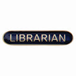 Librarian school bar badge in blue enamel with gold lettering and butterfly clutch fastening.
