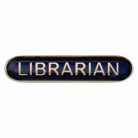 Librarian school bar badge in blue enamel with gold lettering and butterfly clutch fastening.
