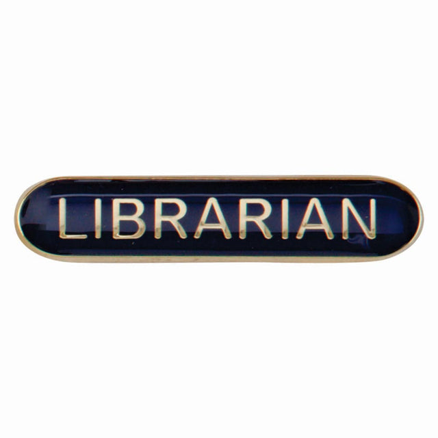 Librarian school bar badge in blue enamel with gold lettering and butterfly clutch fastening.