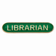 Librarian school bar badge in green enamel with gold lettering and secure fastening.