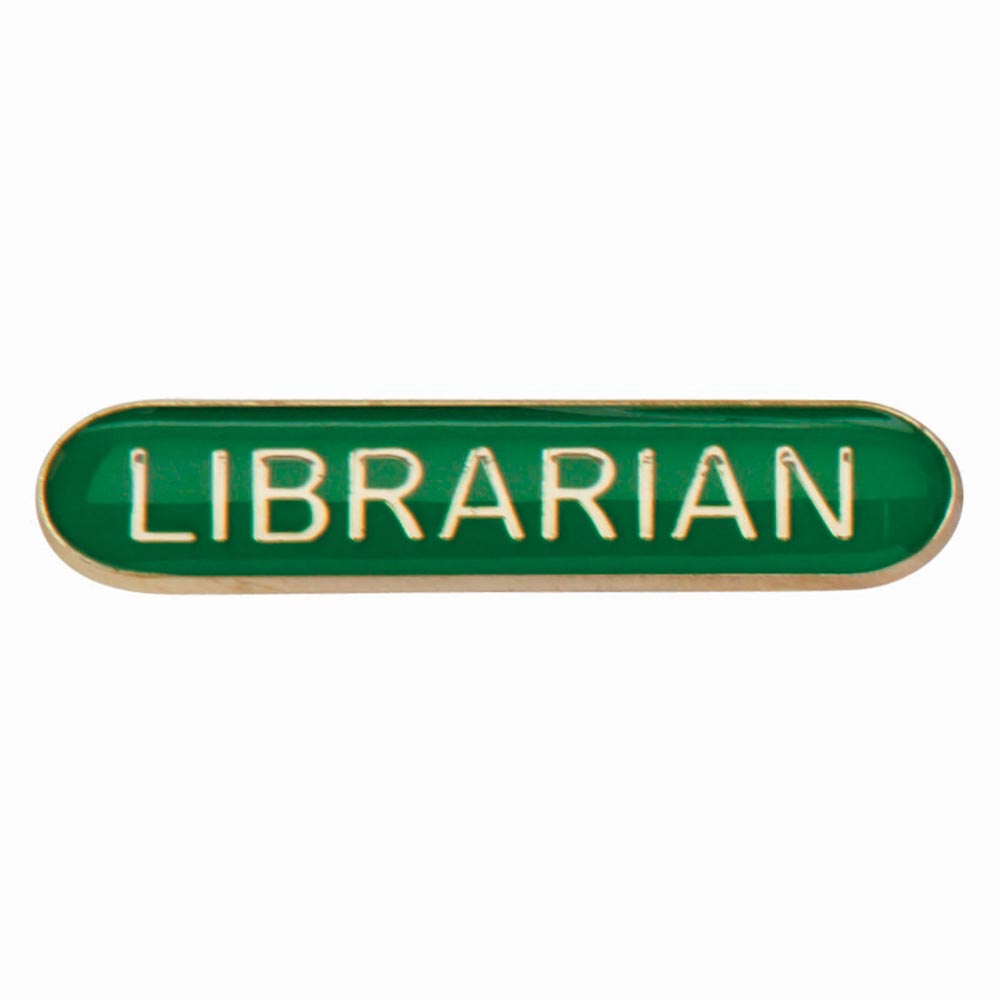 Librarian school bar badge in green enamel with gold lettering and secure fastening.