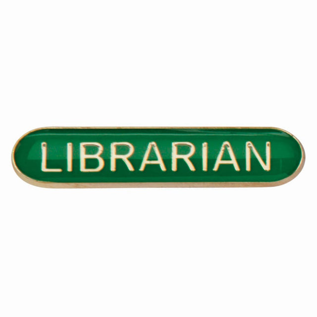 Librarian school bar badge in green enamel with gold lettering and secure fastening.