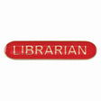 Librarian school bar badge in red enamel with gold lettering and butterfly clutch fastening.