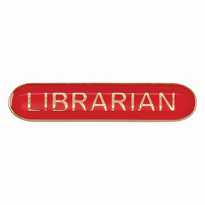Librarian school bar badge in red enamel with gold lettering and butterfly clutch fastening.