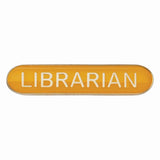 Librarian school bar badge in yellow enamel with gold lettering and butterfly clutch fastening.