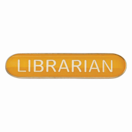 Librarian school bar badge in yellow enamel with gold lettering and butterfly clutch fastening.