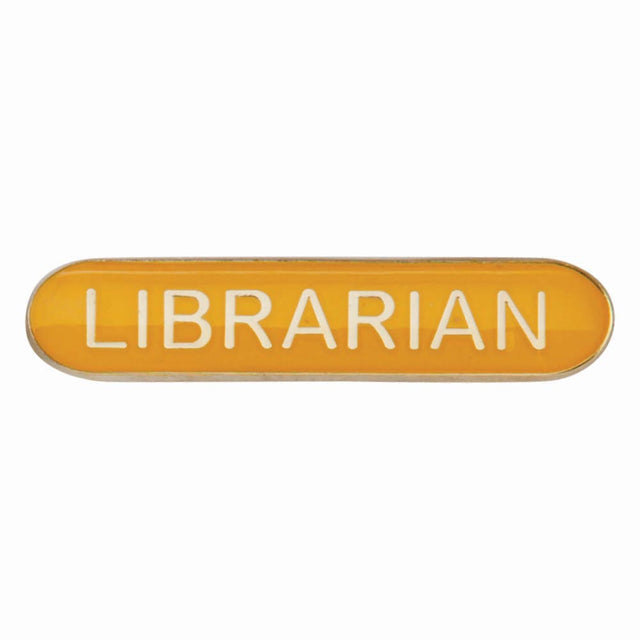Librarian school bar badge in yellow enamel with gold lettering and butterfly clutch fastening.