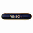 Merit school bar badge in red enamel with gold lettering and butterfly clutch fastening.