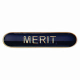Merit school bar badge in red enamel with gold lettering and butterfly clutch fastening.