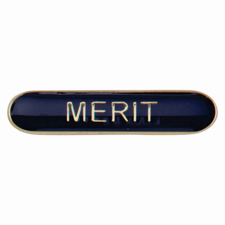 Merit school bar badge in red enamel with gold lettering and butterfly clutch fastening.