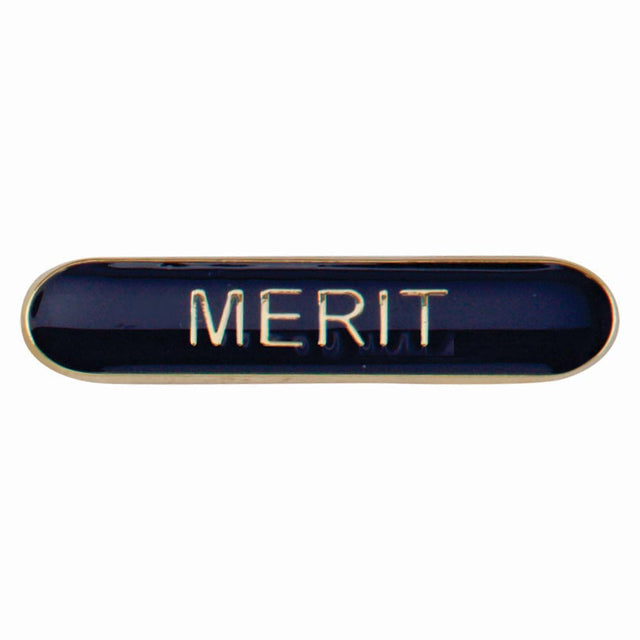 Merit school bar badge in red enamel with gold lettering and butterfly clutch fastening.