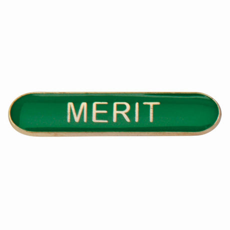 Merit school bar badge in green enamel with gold lettering and butterfly clutch fastening.