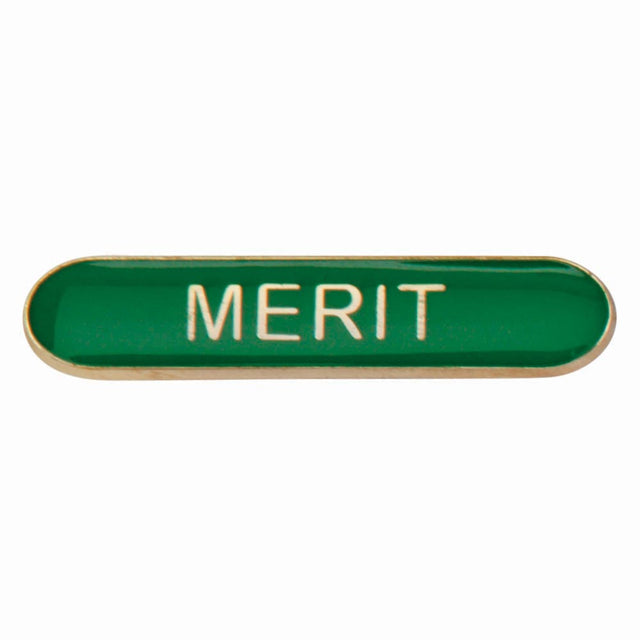 Merit school bar badge in green enamel with gold lettering and butterfly clutch fastening.