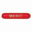 Merit school bar badge in red enamel with gold lettering and butterfly clutch fastening.