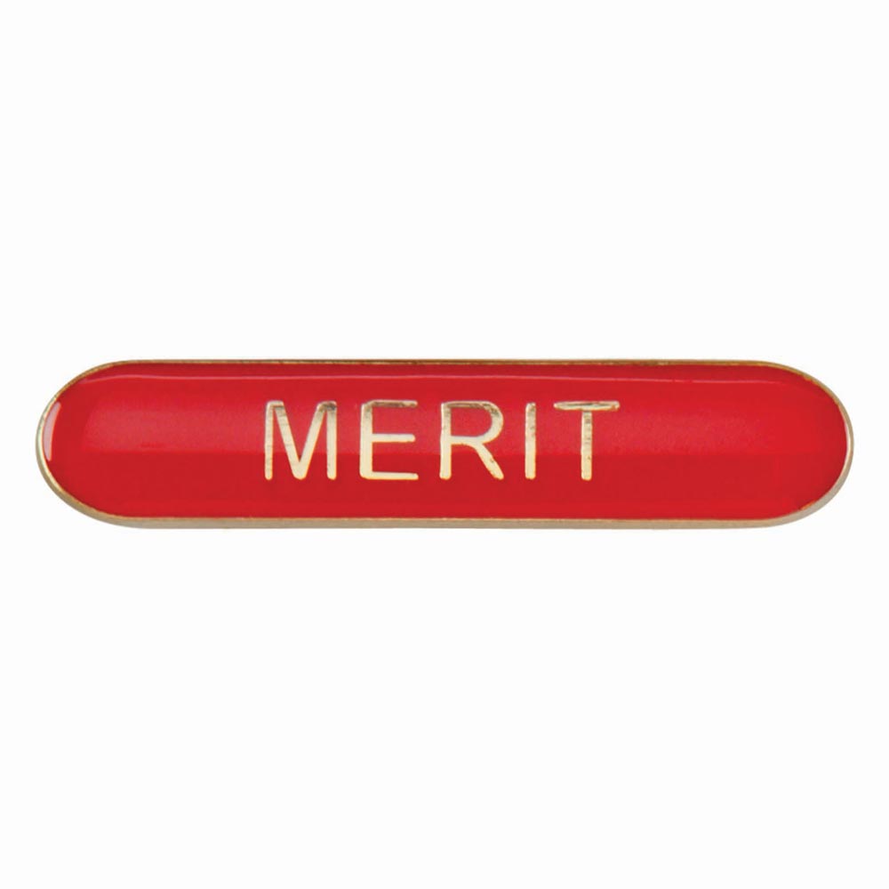 Merit school bar badge in red enamel with gold lettering and butterfly clutch fastening.