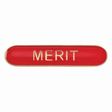 Merit school bar badge in red enamel with gold lettering and butterfly clutch fastening.