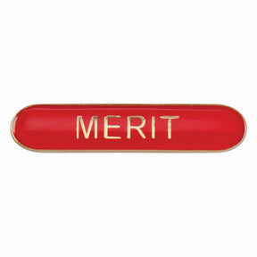Merit school bar badge in red enamel with gold lettering and butterfly clutch fastening.
