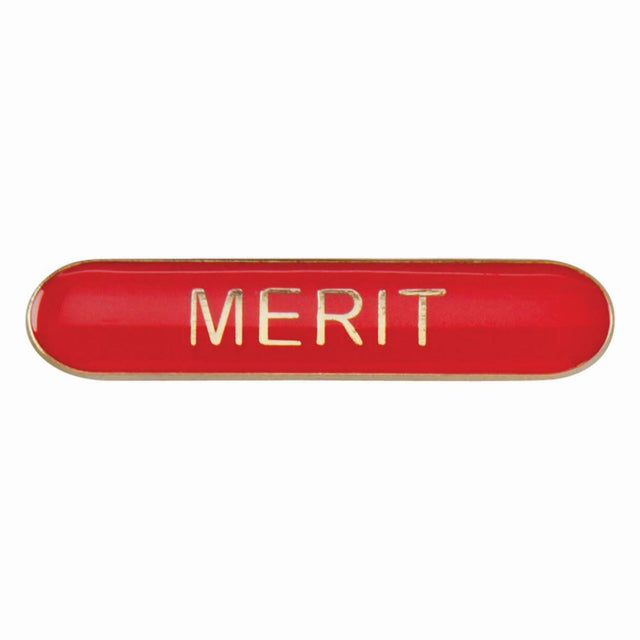 Merit school bar badge in red enamel with gold lettering and butterfly clutch fastening.