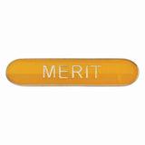 Merit school bar badge in yellow enamel with gold lettering and butterfly clutch fastening.