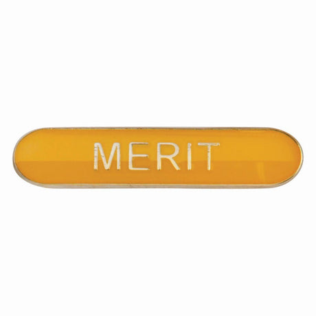 Merit school bar badge in yellow enamel with gold lettering and butterfly clutch fastening.