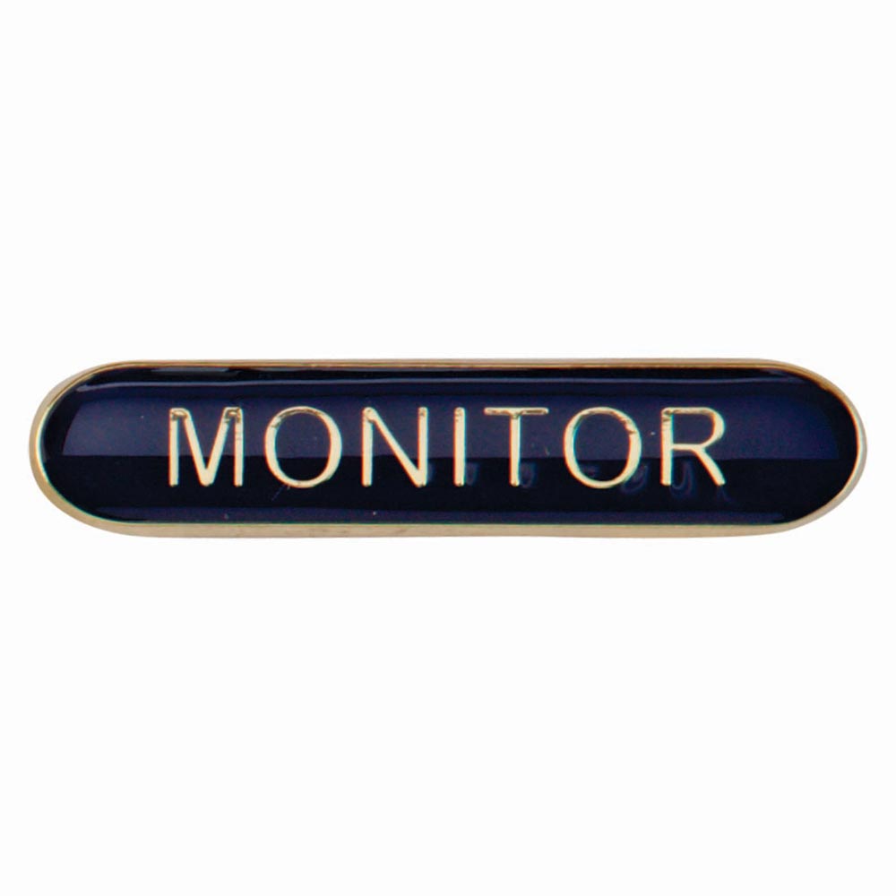 Monitor school bar badge in blue enamel with gold lettering and butterfly clutch fastening.