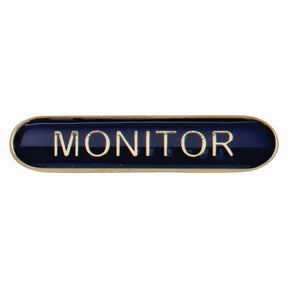 Monitor school bar badge in blue enamel with gold lettering and butterfly clutch fastening.