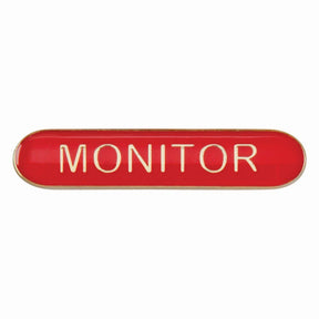 Monitor school bar badge in red enamel with gold lettering and butterfly clutch fastening.