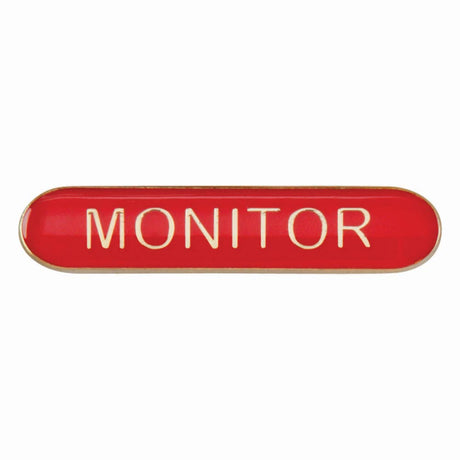 Monitor school bar badge in red enamel with gold lettering and butterfly clutch fastening.