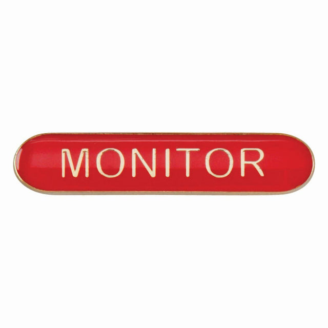 Monitor school bar badge in red enamel with gold lettering and butterfly clutch fastening.