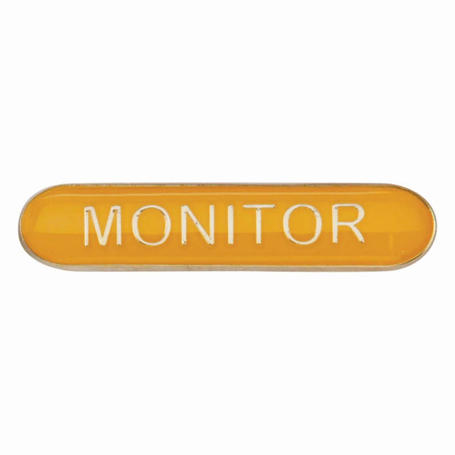 Monitor school bar badge in yellow enamel with gold lettering and butterfly clutch fastening.